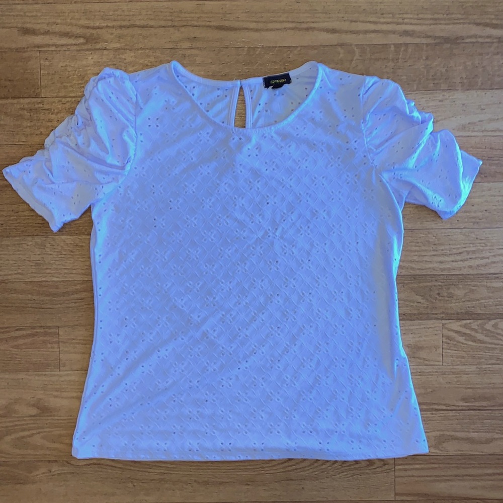 ESPRESSO White Eyelet Puff-Sleeve Top Sz L